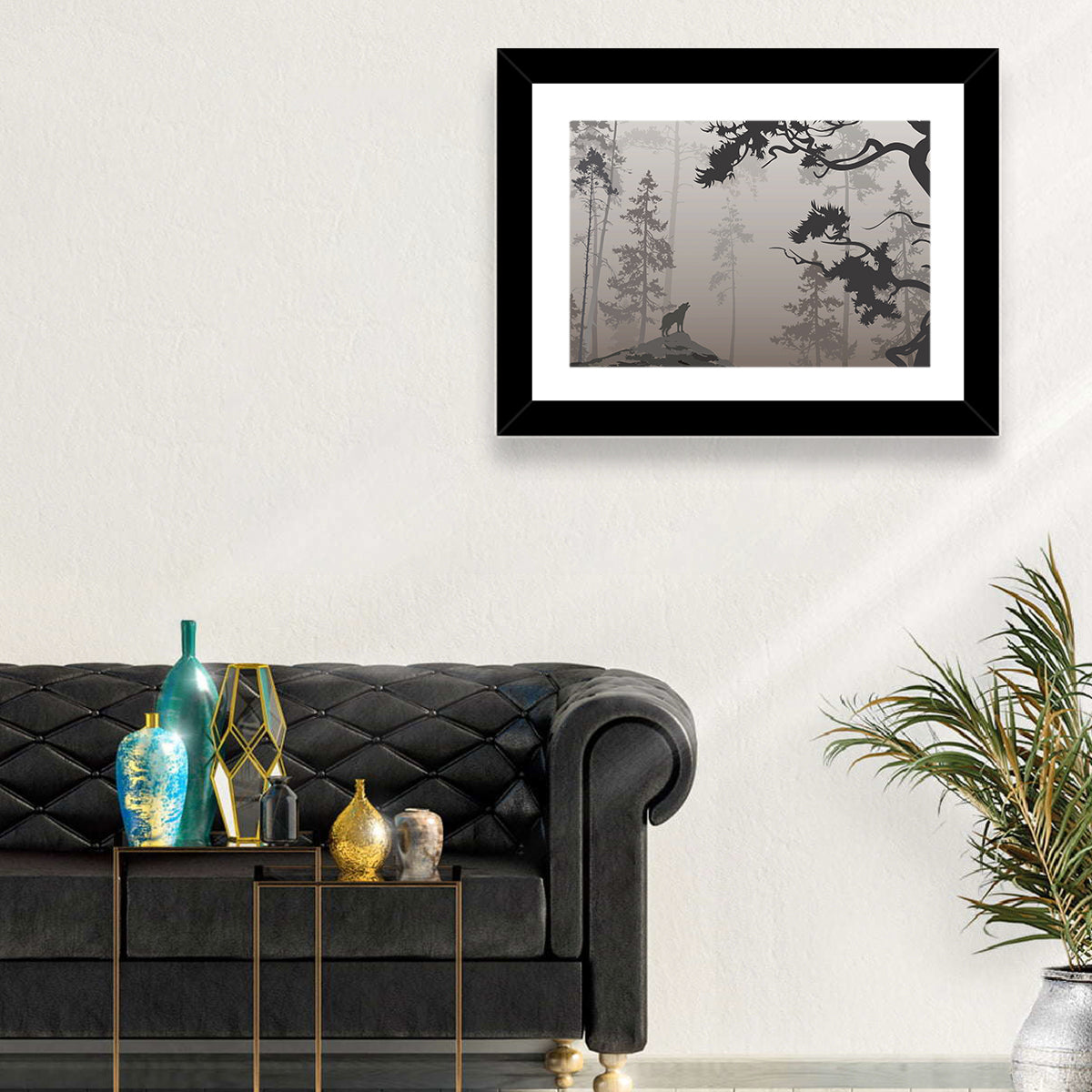 Howling Wolf in Misty Forest Wall Art in a room, landscape