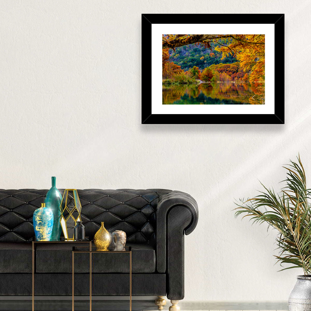 Frio River Autumn Reflection Wall Art in a room, landscape