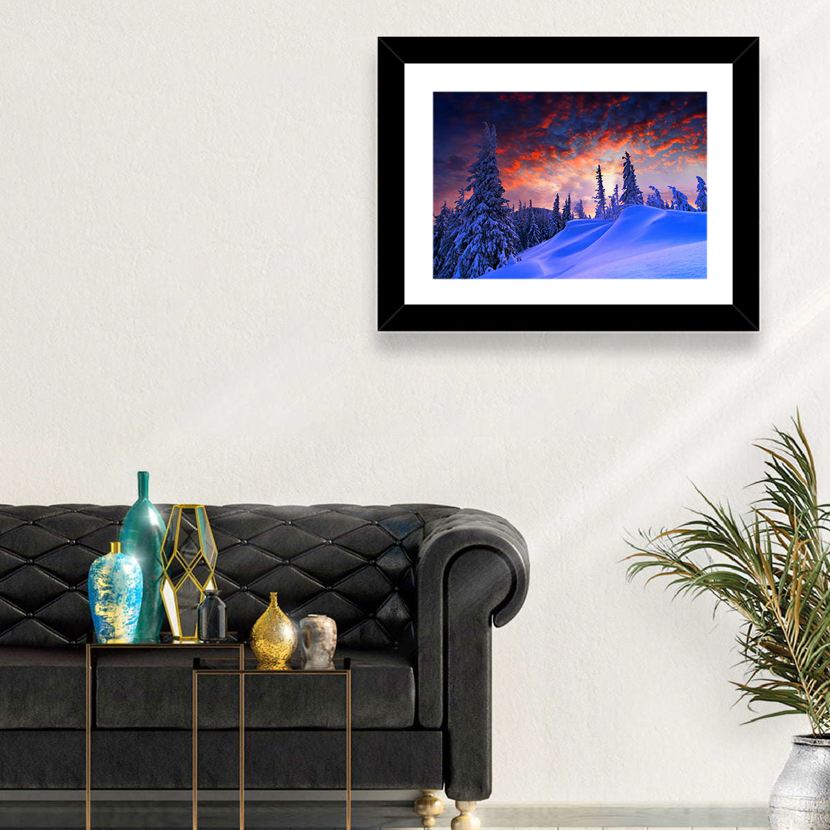 Snow-covered Mountain Sunset Wall Art in a room, landscape