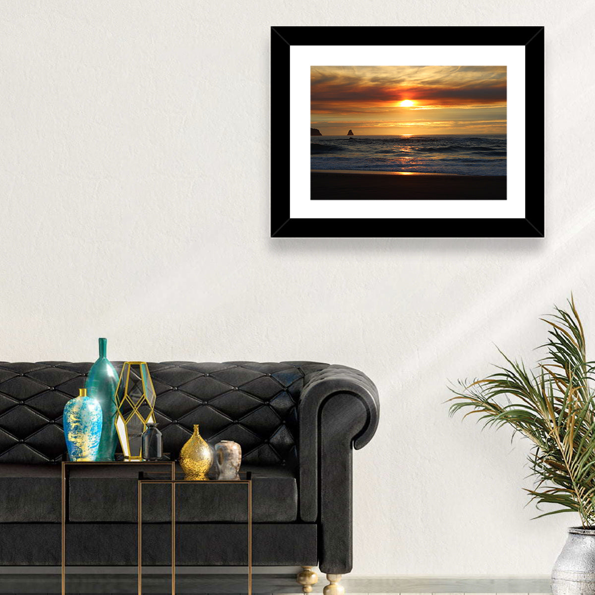 Oregon Sea Stack Sunset Wall Art in a room, landscape