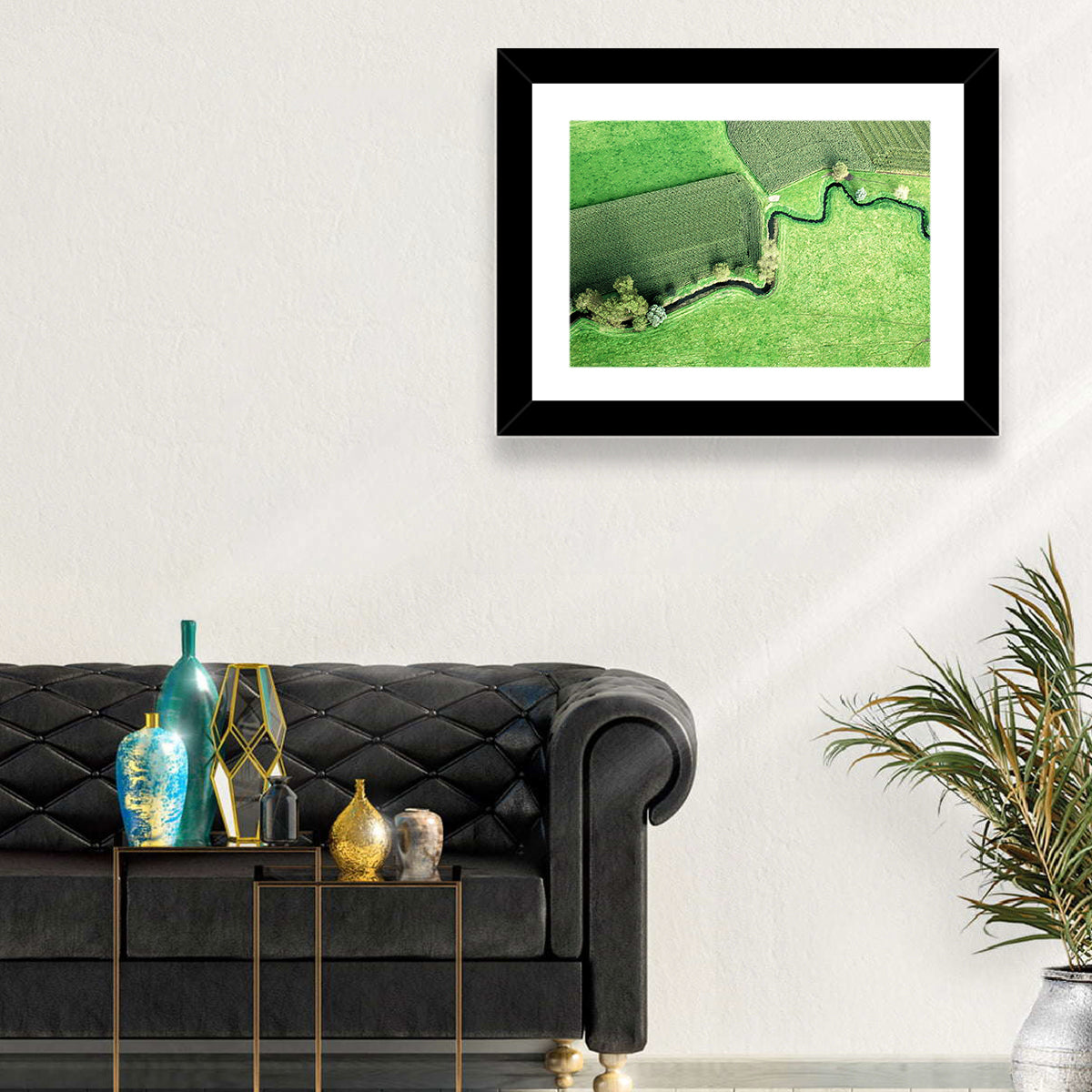 Meandering Stream Over Farmland Wall Art in a room, landscape