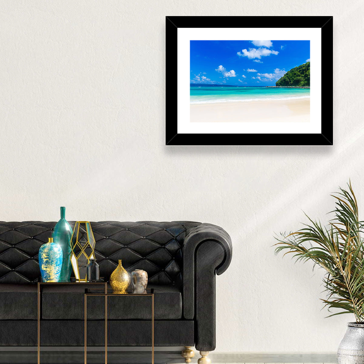 Turquoise Tropical Beach Scene Wall Art in a room, landscape