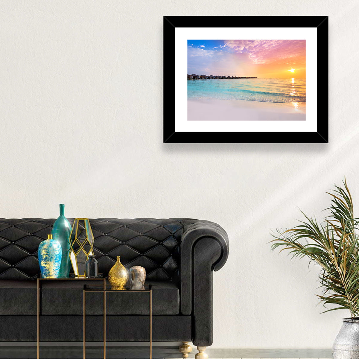 Overwater Bungalows at Sunset Wall Art in a room, landscape