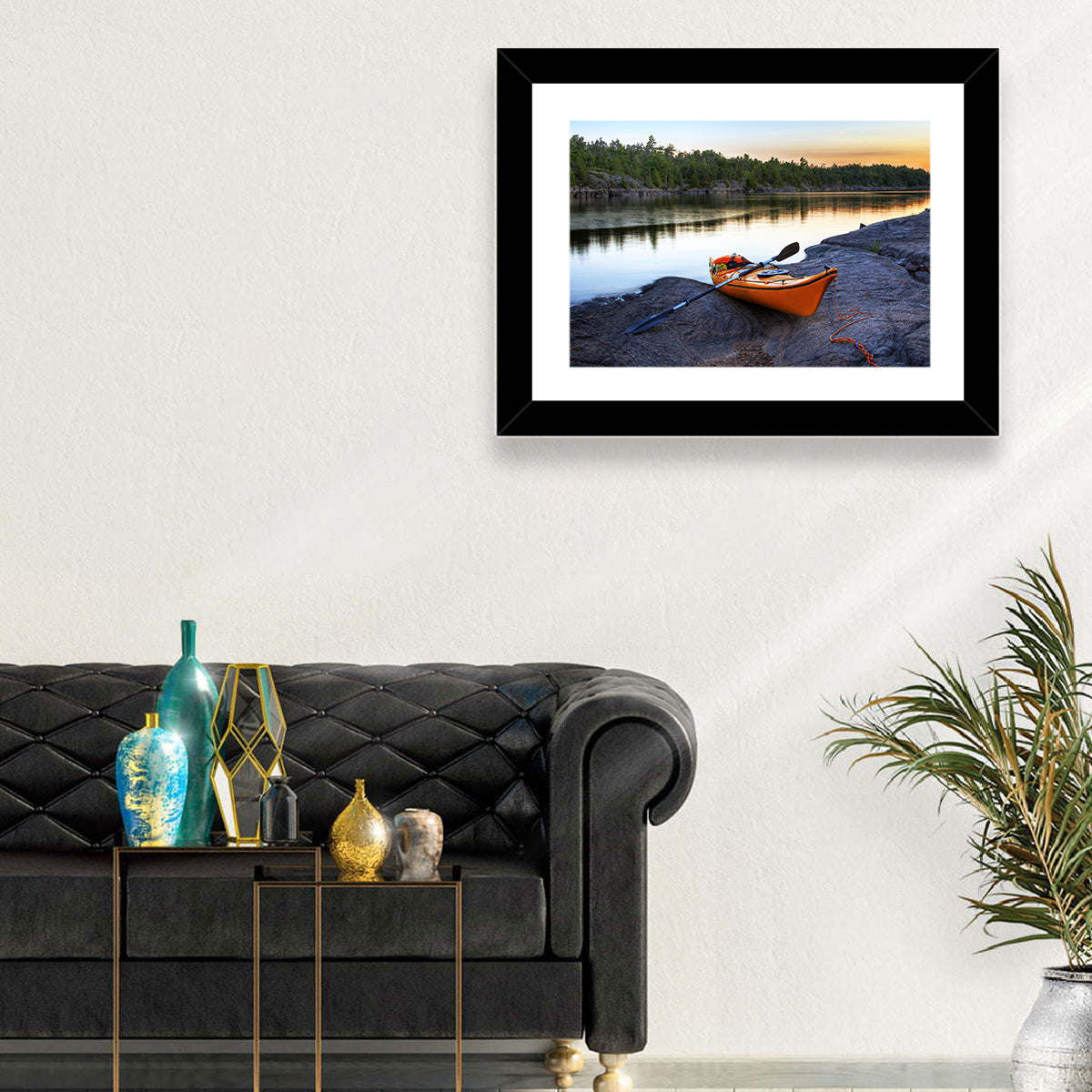 Orange Kayak on Rocky Shore Wall Art
