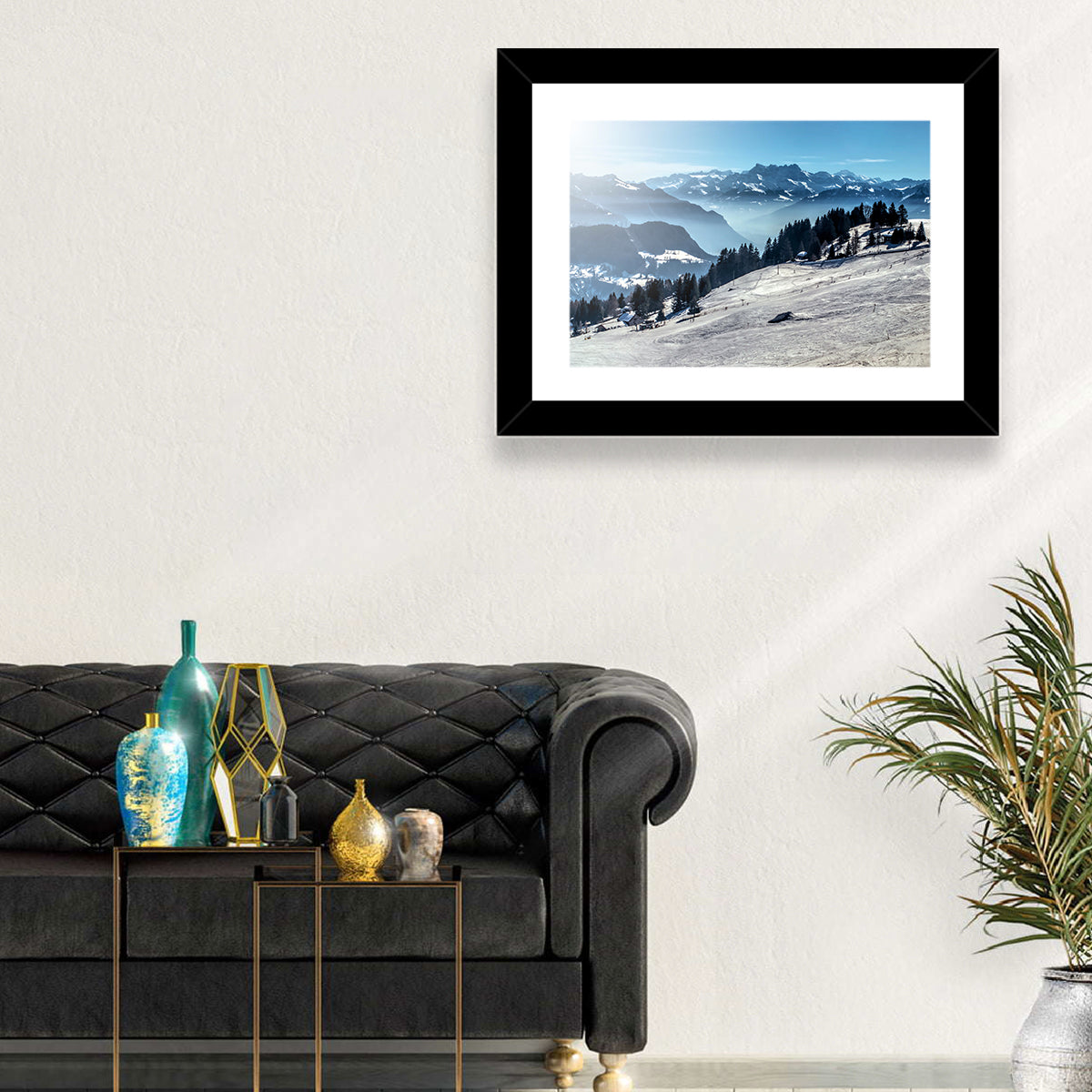 Sunlit Alpine Ski Slope Wall Art in a room, landscape