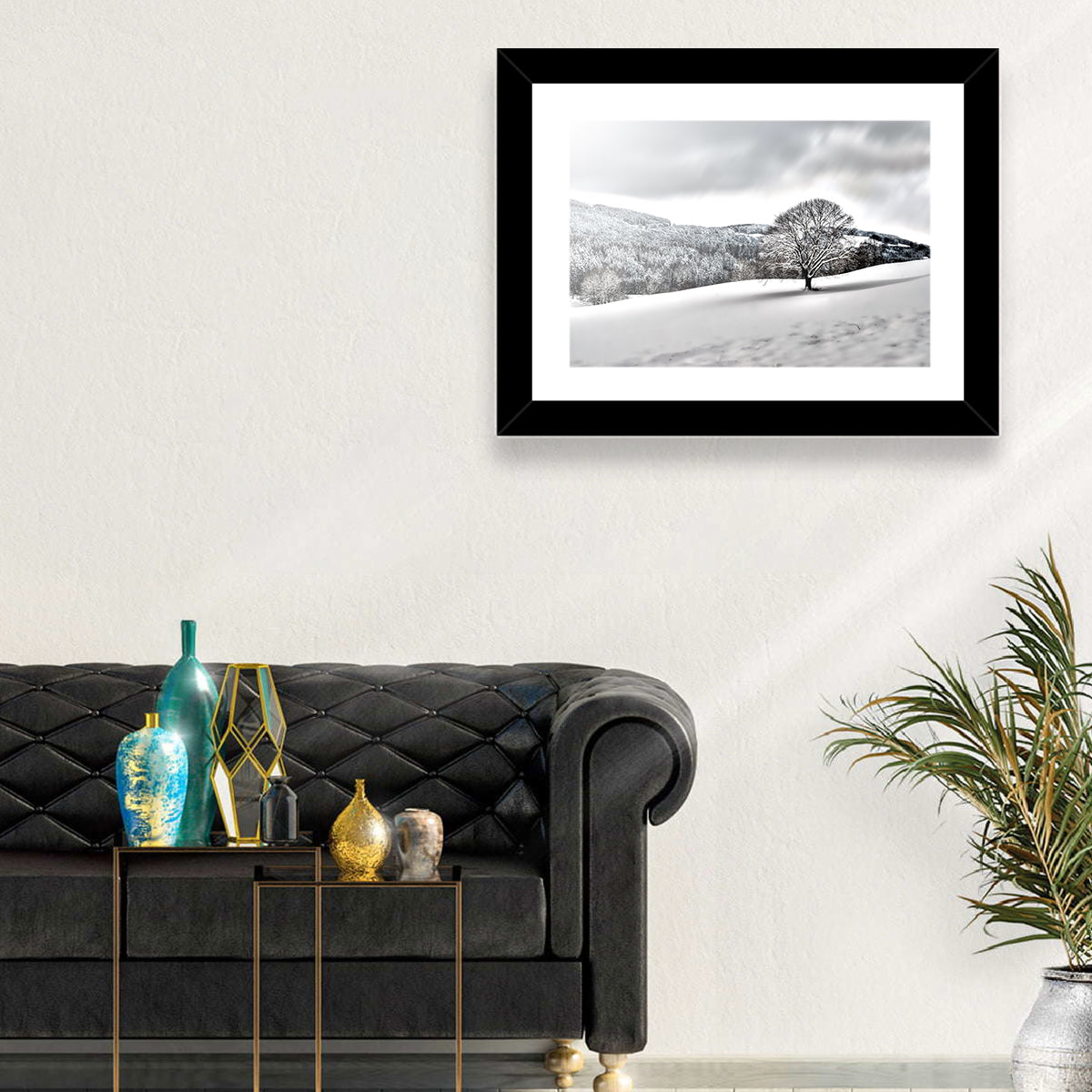 Solitary Snowy Tree Landscape Wall Art in a room, landscape