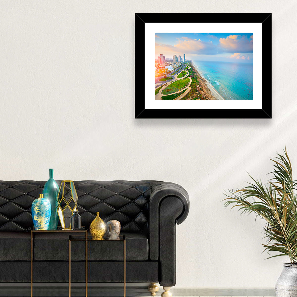 Netanya Coastline at Golden Hour Wall Art in a room, landscape
