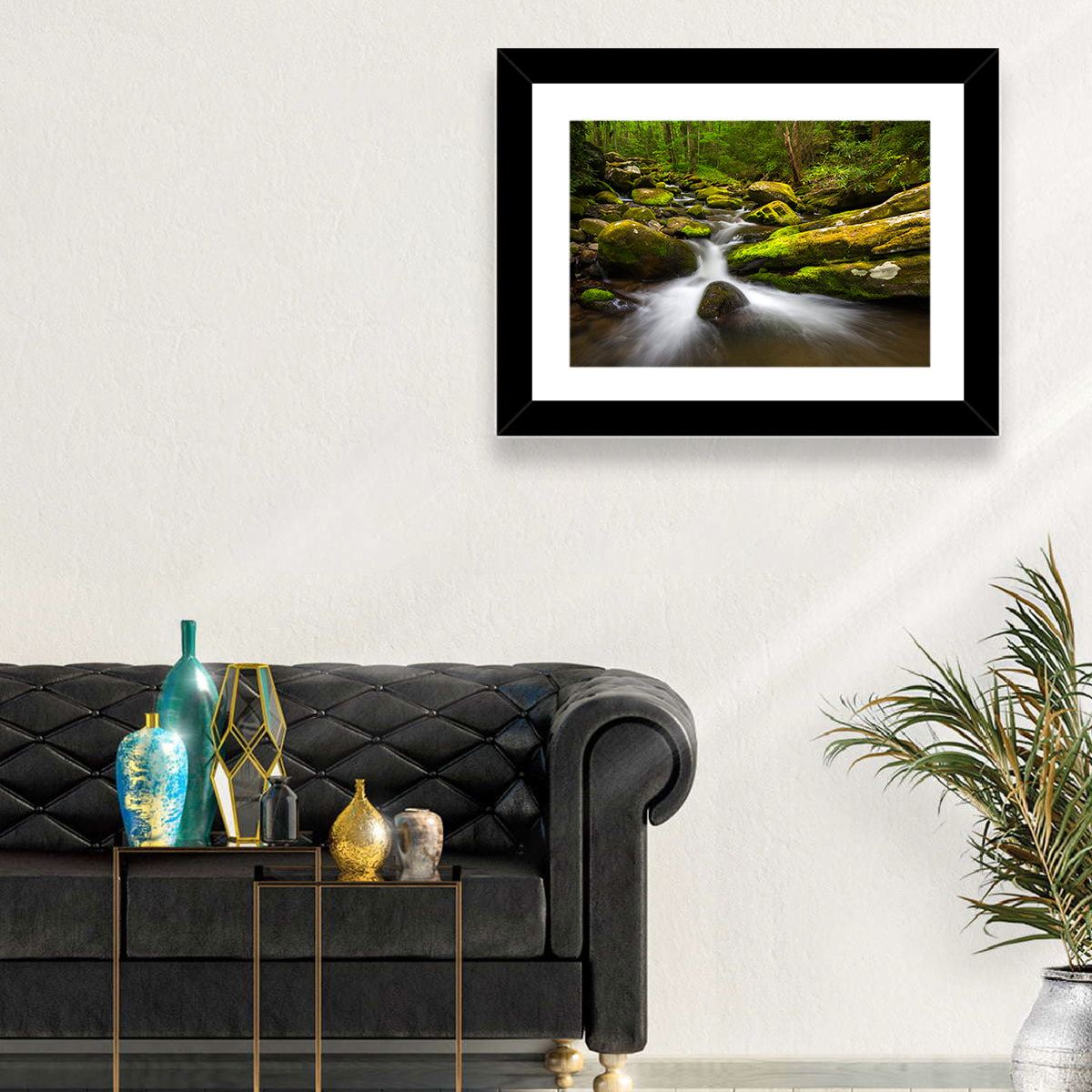 Mossy Forest Stream Wall Art in a room, landscape