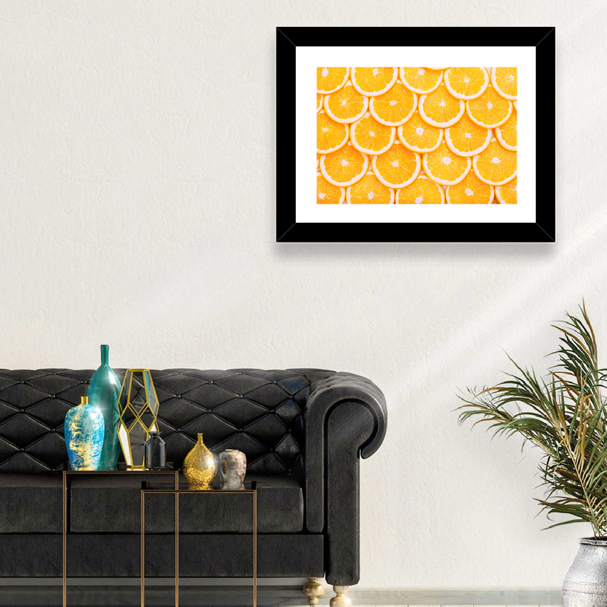 Orange Slice Grid Pattern Wall Art in a room, landscape
