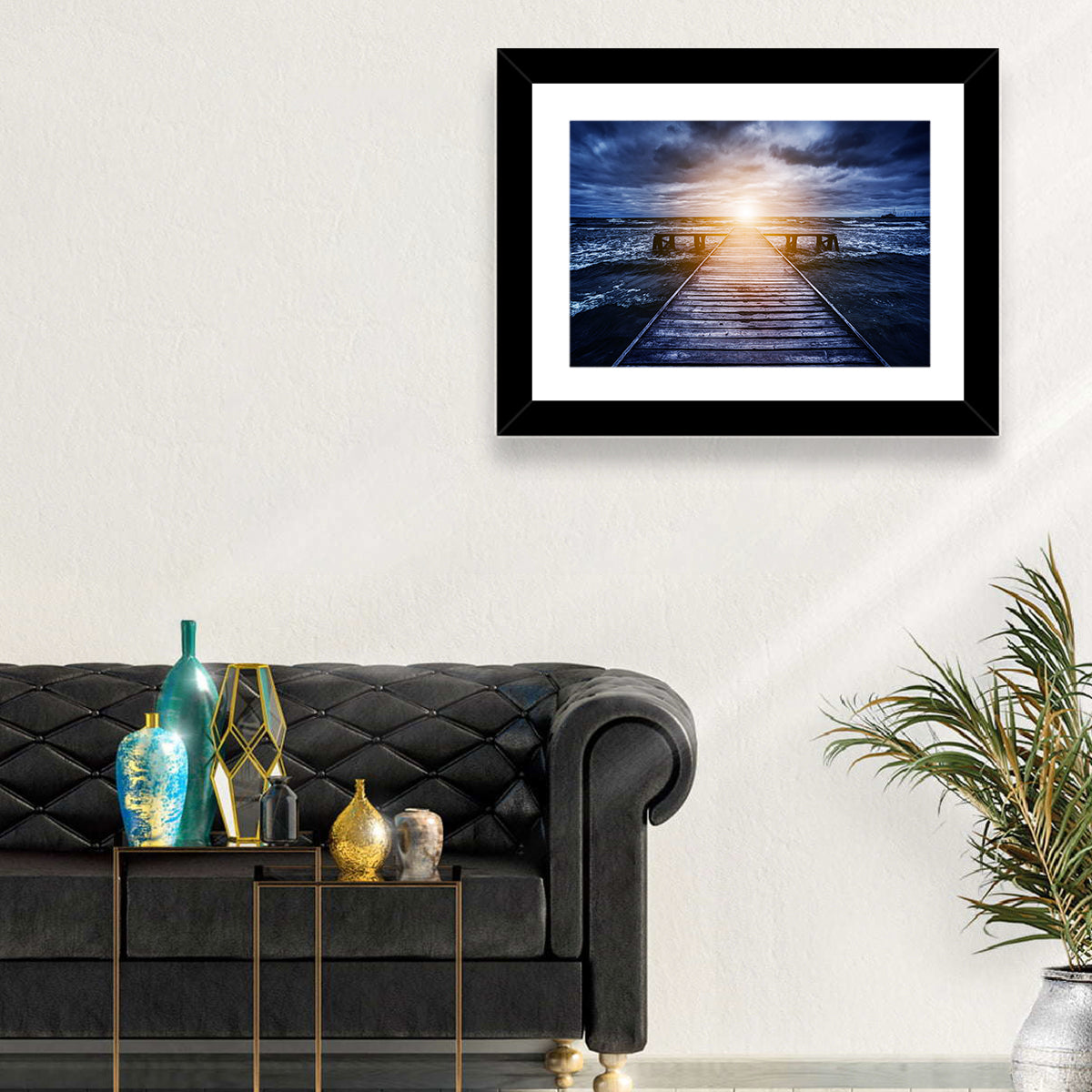 Sunlit Wooden Jetty at Dusk Wall Art