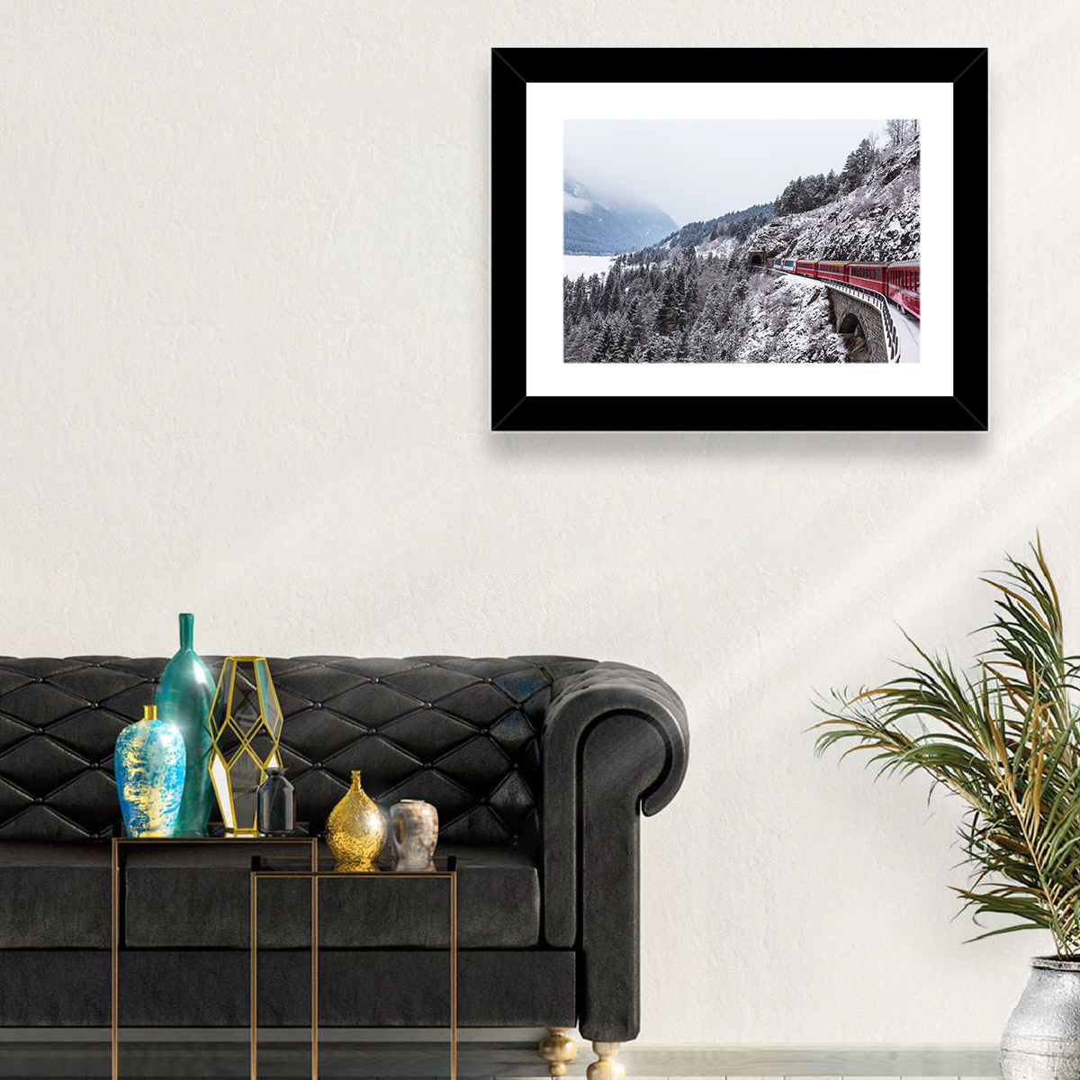 Red Train at Landwasser Viaduct Wall Art in a room, landscape