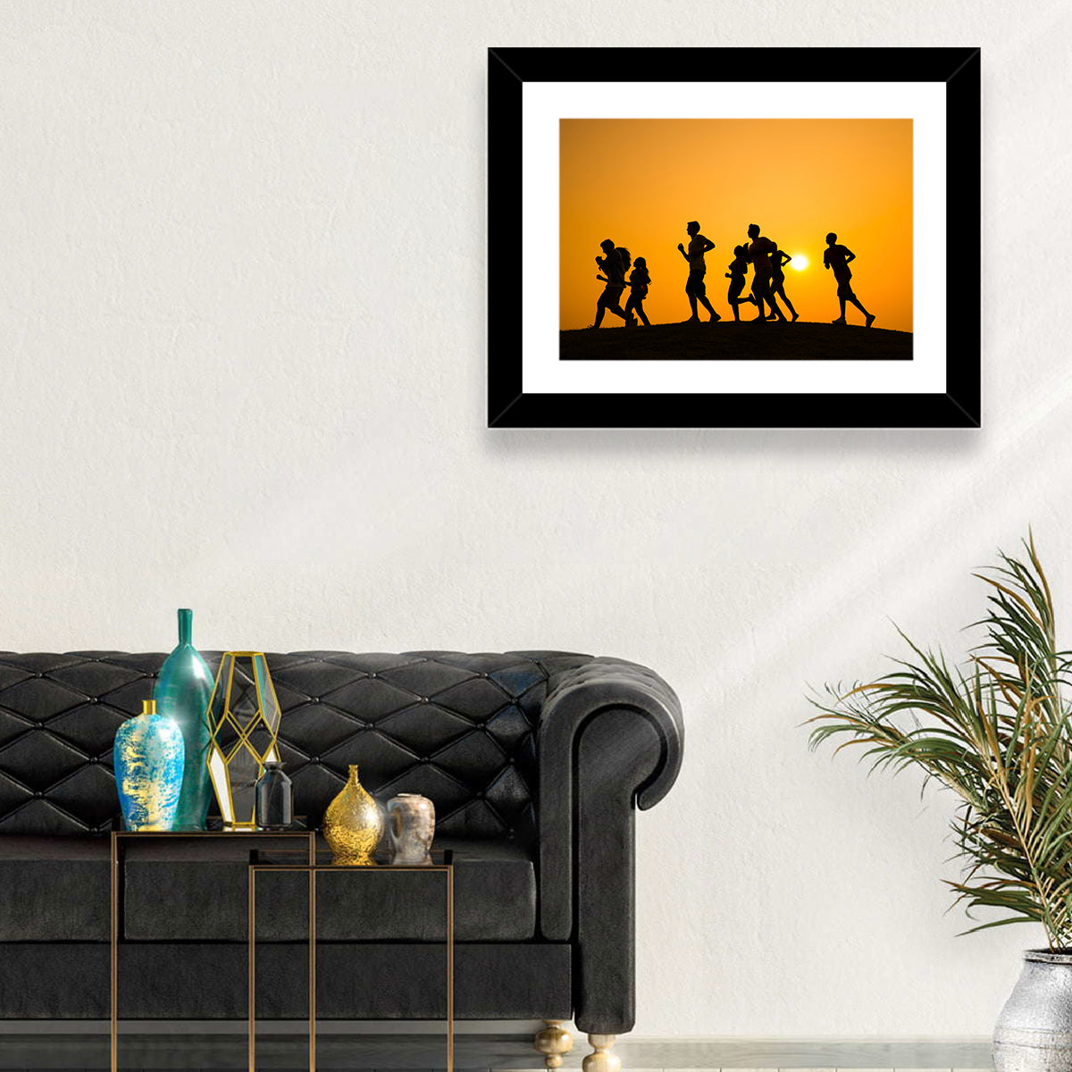 Six Runners Silhouette at Golden Sunset Wall Art in a room, landscape
