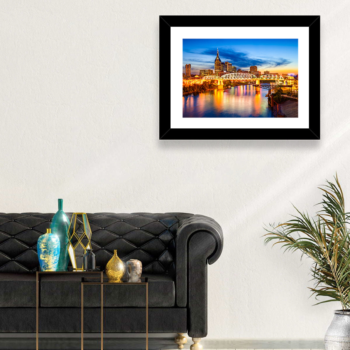 Nashville Skyline at Twilight Bridge Reflections Wall Art