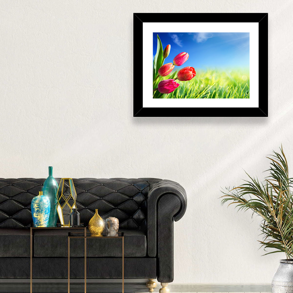 Dewy Red Tulips Under Blue Sky Wall Art
