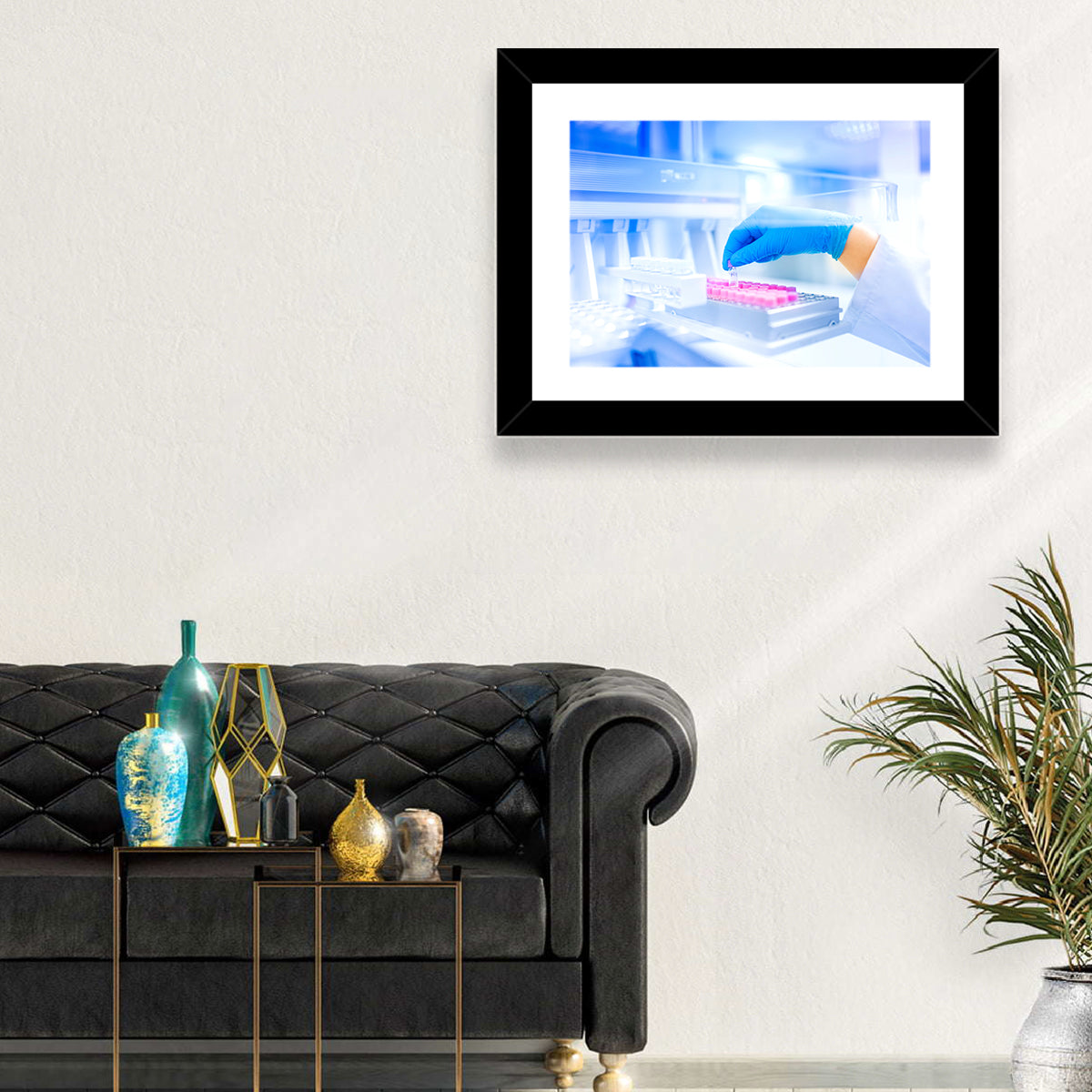Gloved Hand with Vial and Pink-capped Tubes Wall Art in a room, landscape