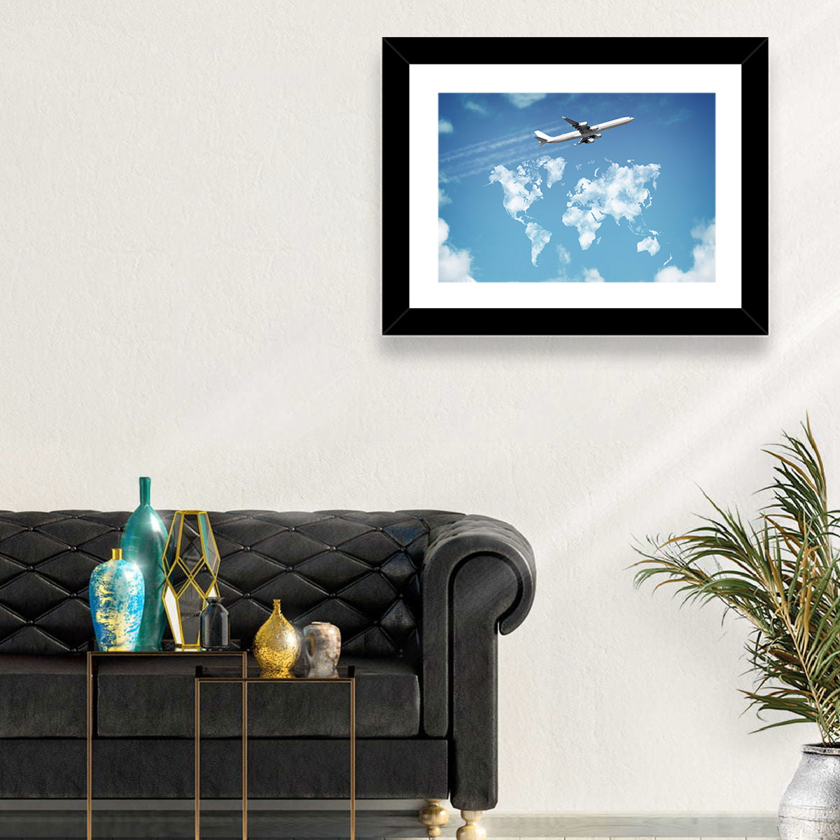 Jet Over Cloud World Map Wall Art in a room, landscape
