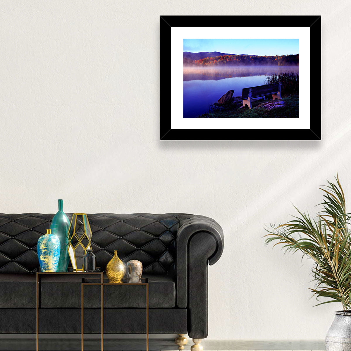 Bench at Misty Lake Sunrise Wall Art