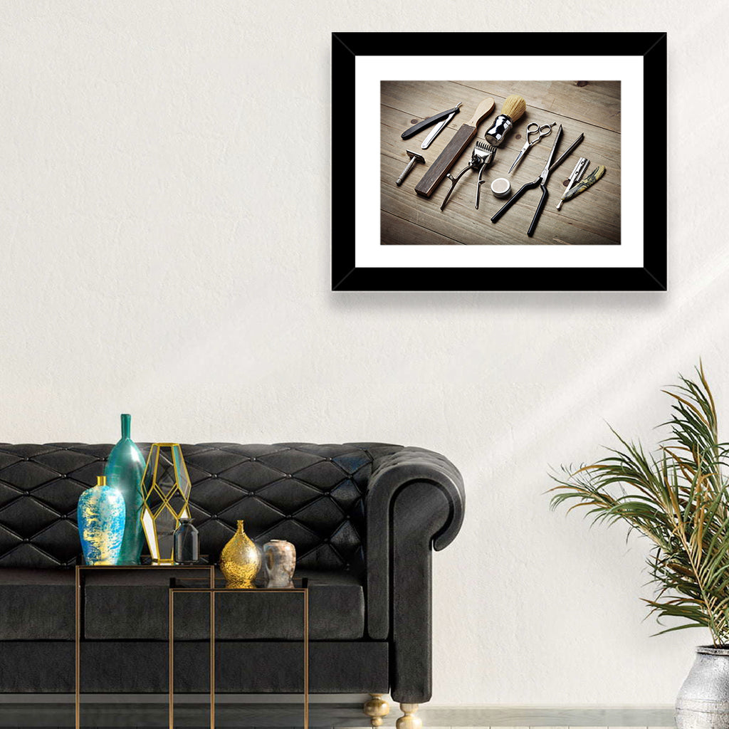 Vintage Barber Tools on Wooden Workbench Wall Art