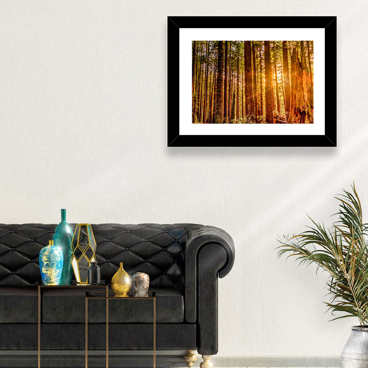 Golden Hour Redwood Sunburst Wall Art in a room, landscape