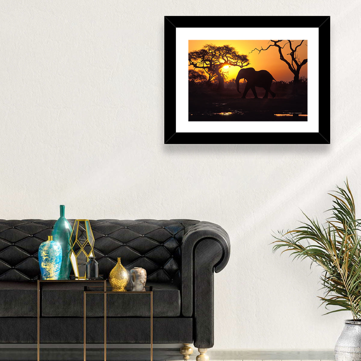 Elephant at Sunset Wall Art in a room, landscape