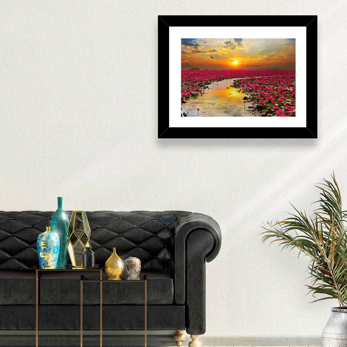 Golden Hour Lotus Field Wall Art in a room, landscape