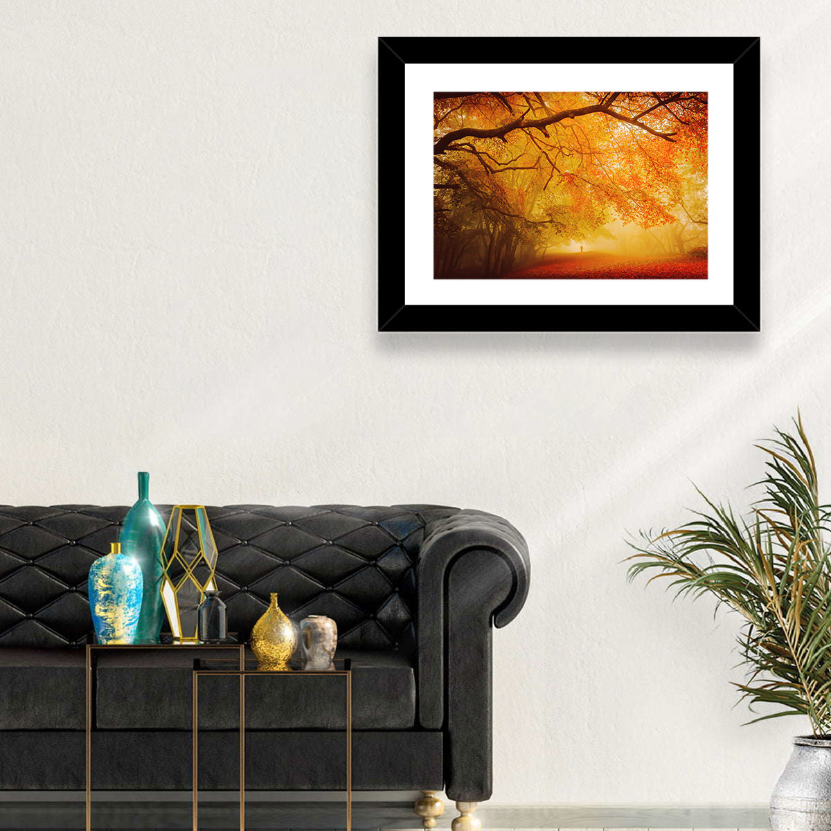 Autumn Forest Path with Lone Figure Wall Art in a room, landscape