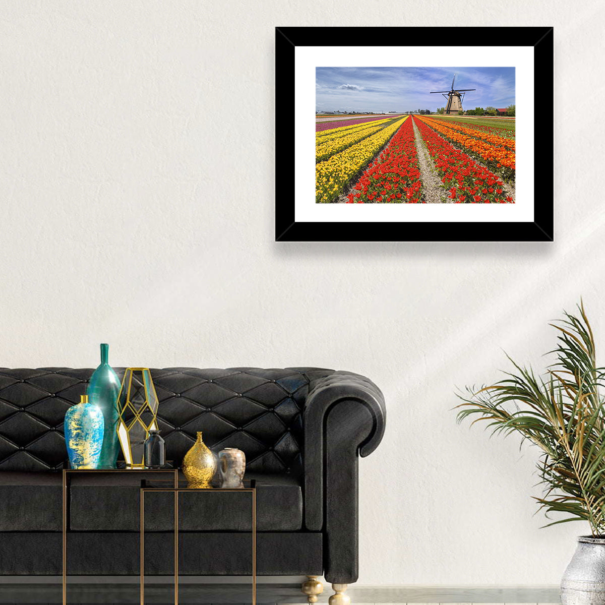 Spring Tulip Fields with Dutch Windmill Wall Art in a room, landscape