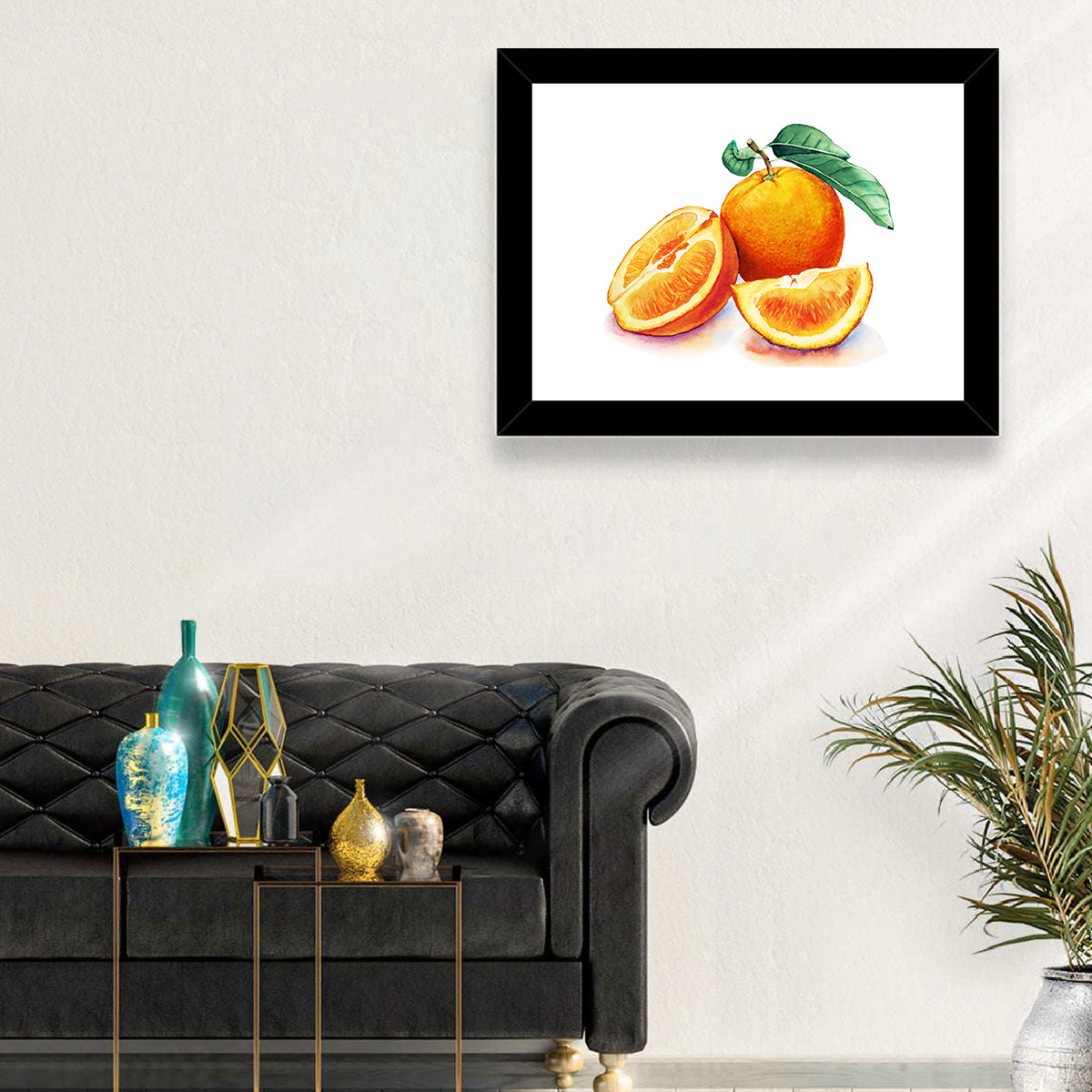 Watercolor Orange Still Life Wall Art in a room, landscape