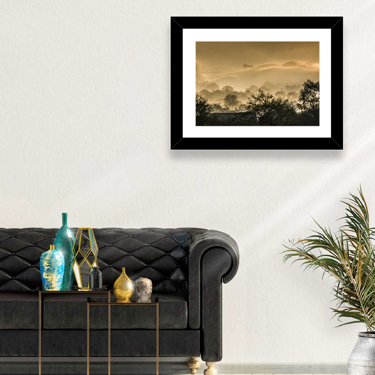 Bronze Morning Mist Over Hills Wall Art in a room, landscape