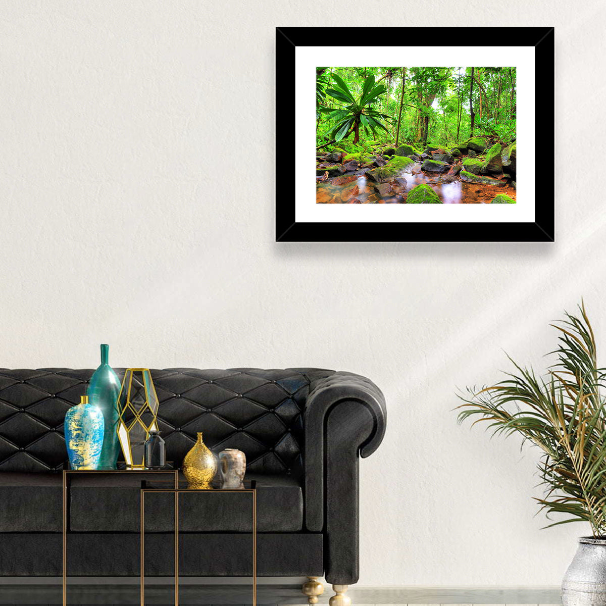 Mossy Rainforest Stream Wall Art in a room, landscape