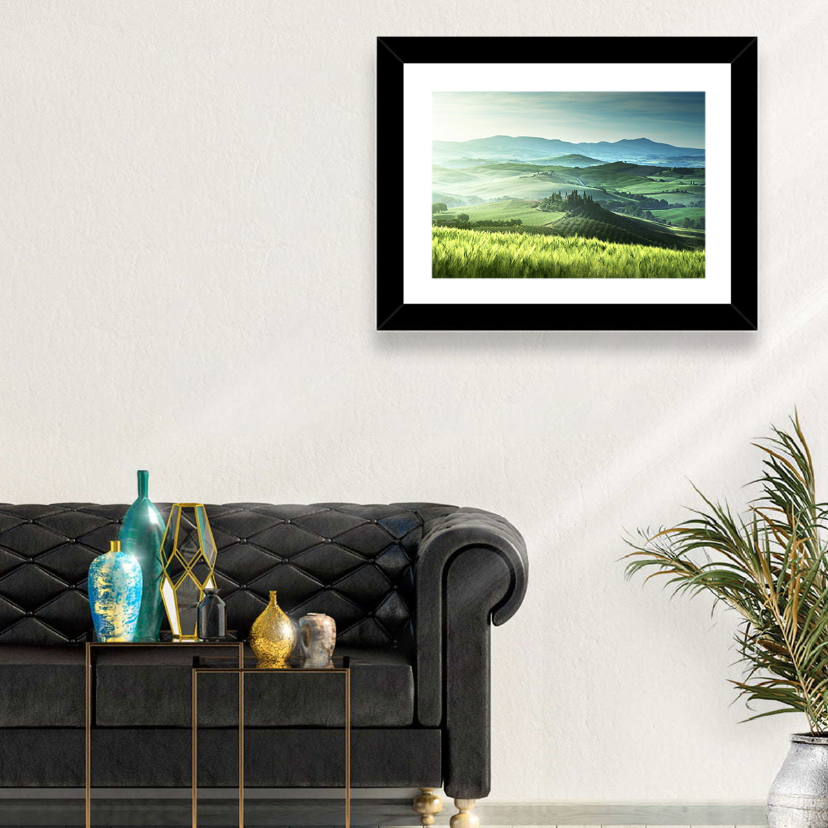 Misty Rolling Hills with Cypresses Wall Art in a room, landscape