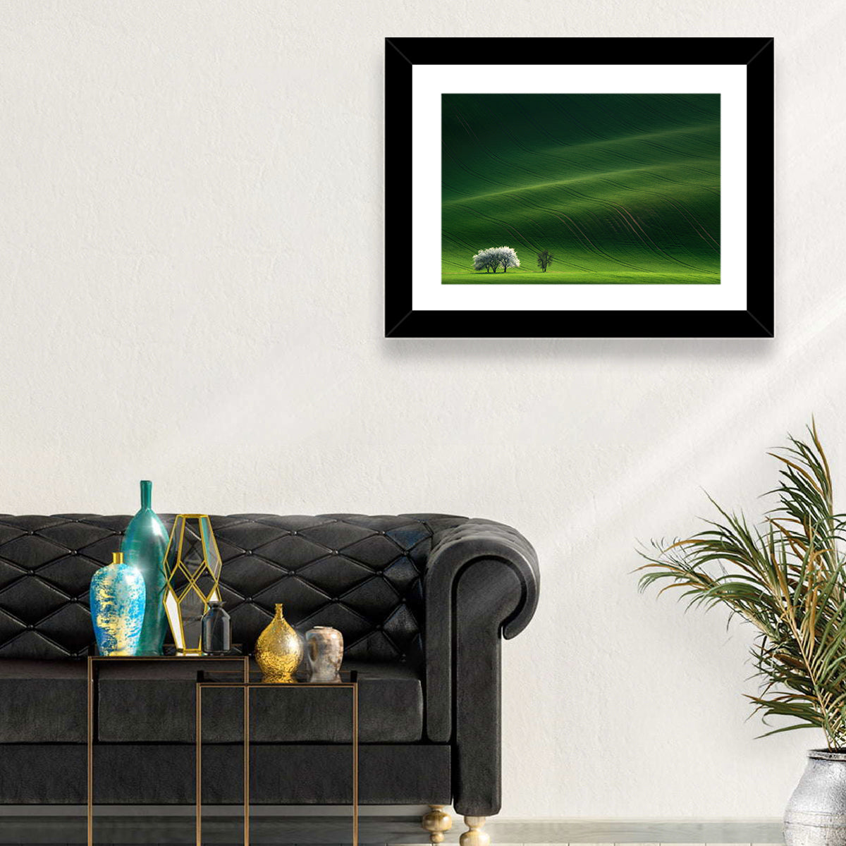 Emerald Hills with Blossoming Tree Wall Art in a room, landscape