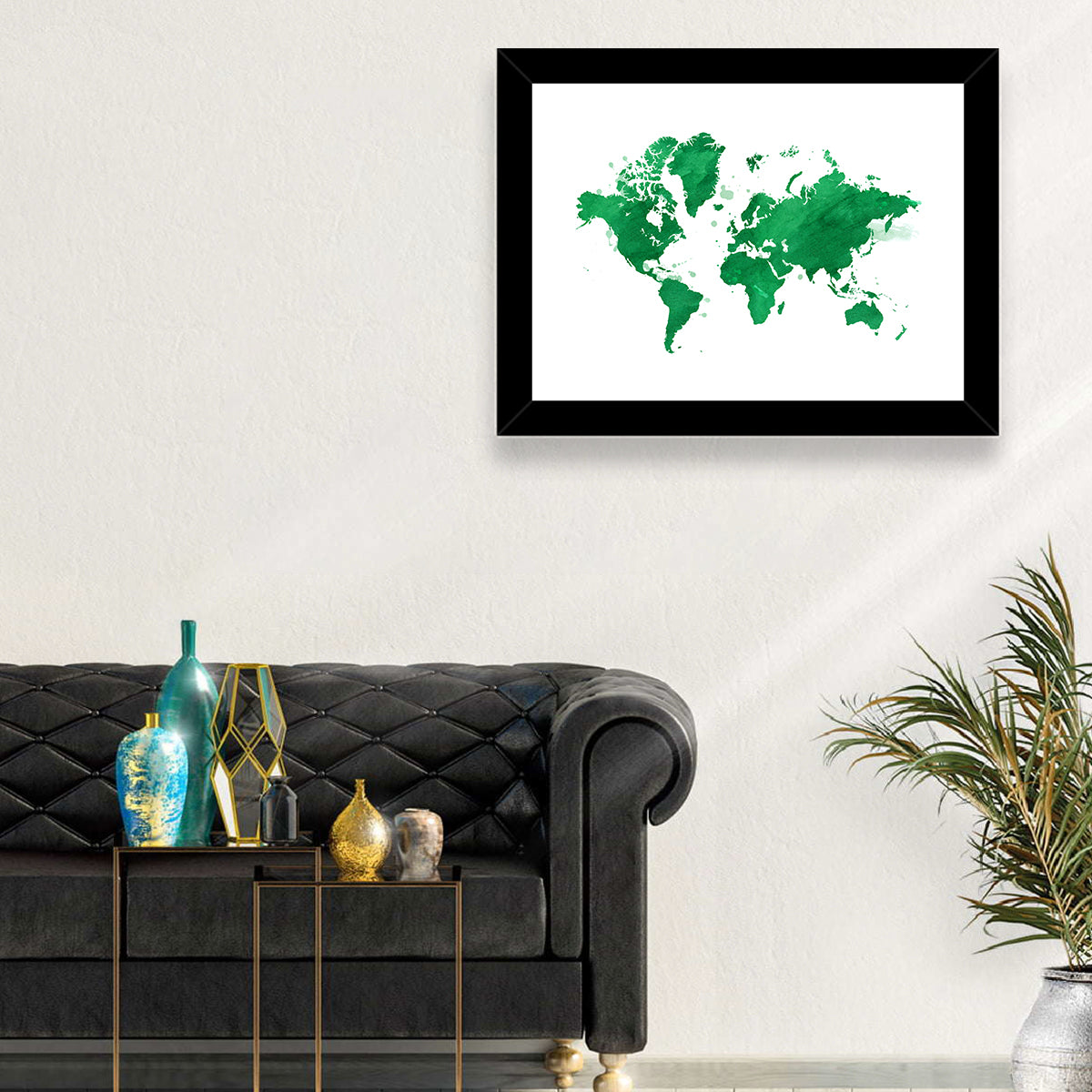 Green Watercolor World Map Wall Art in a room, landscape