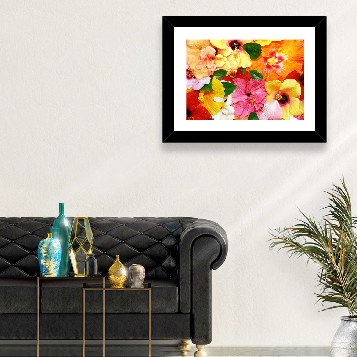 Vibrant Hibiscus Close-up Wall Art in a room, landscape