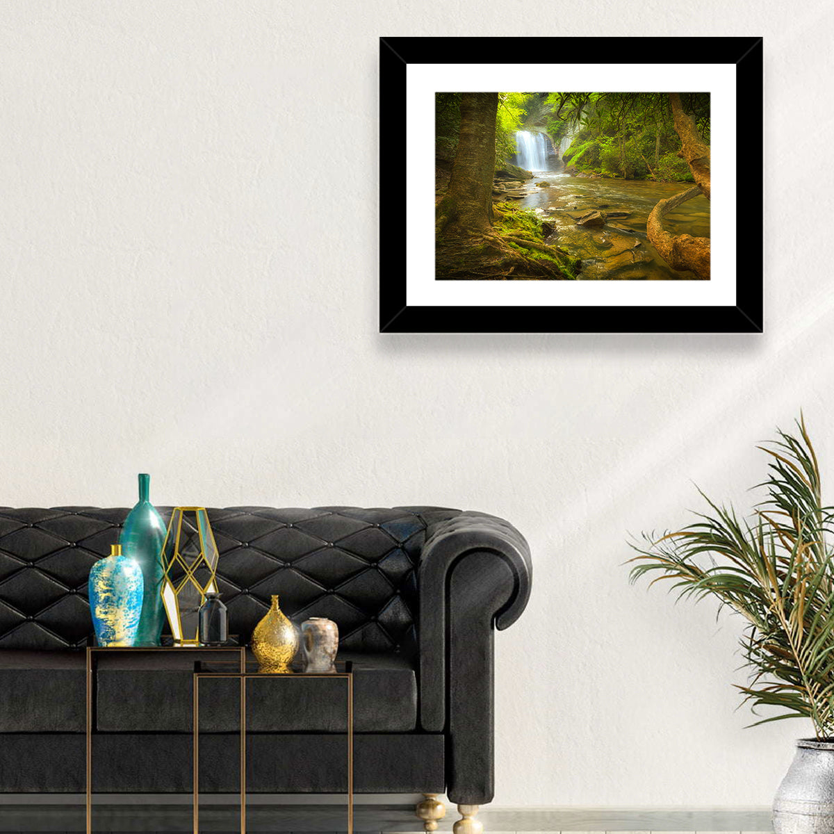 Deep Forest Waterfall Wall Art in a room, landscape