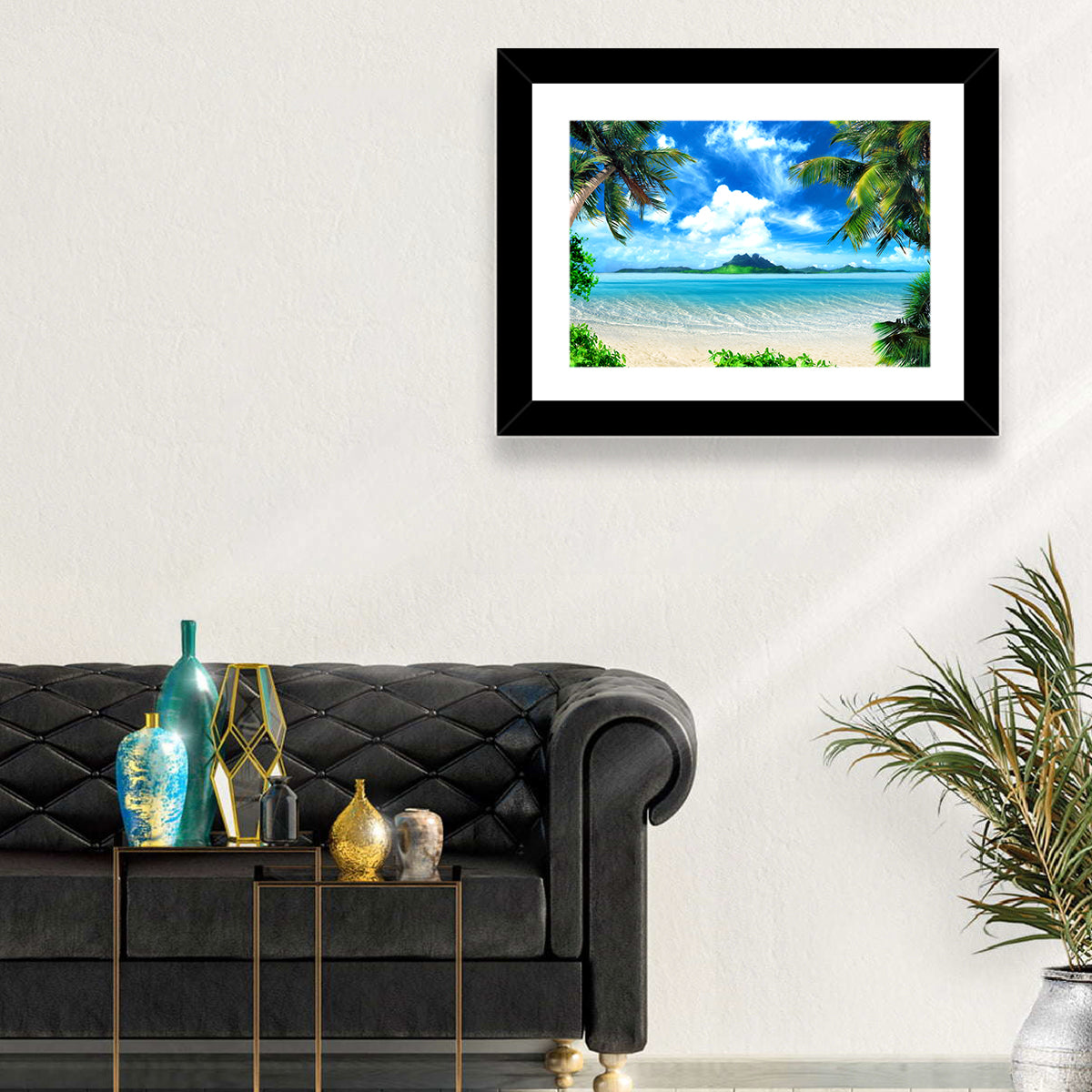 Palm-framed Tropical Island Beach Wall Art in a room, landscape