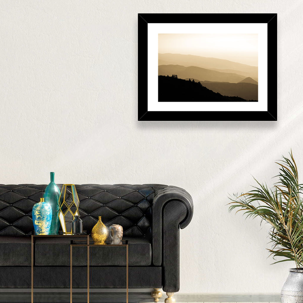 Foggy Mountain Sunset with Evergreen Silhouettes Wall Art