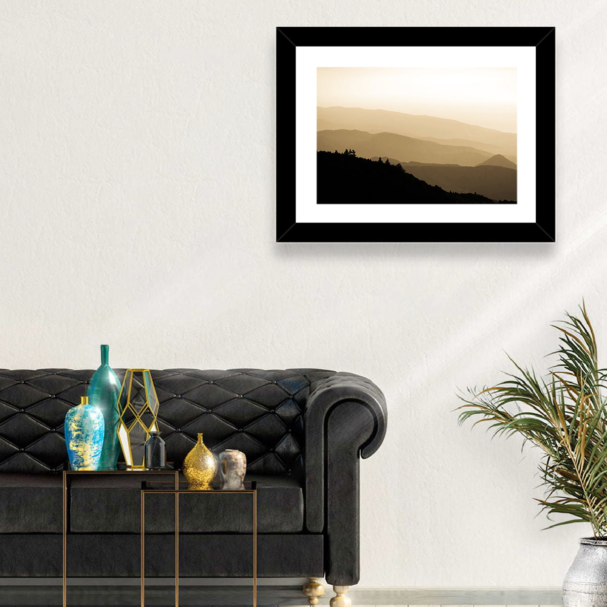 Foggy Mountain Sunset with Evergreen Silhouettes Wall Art