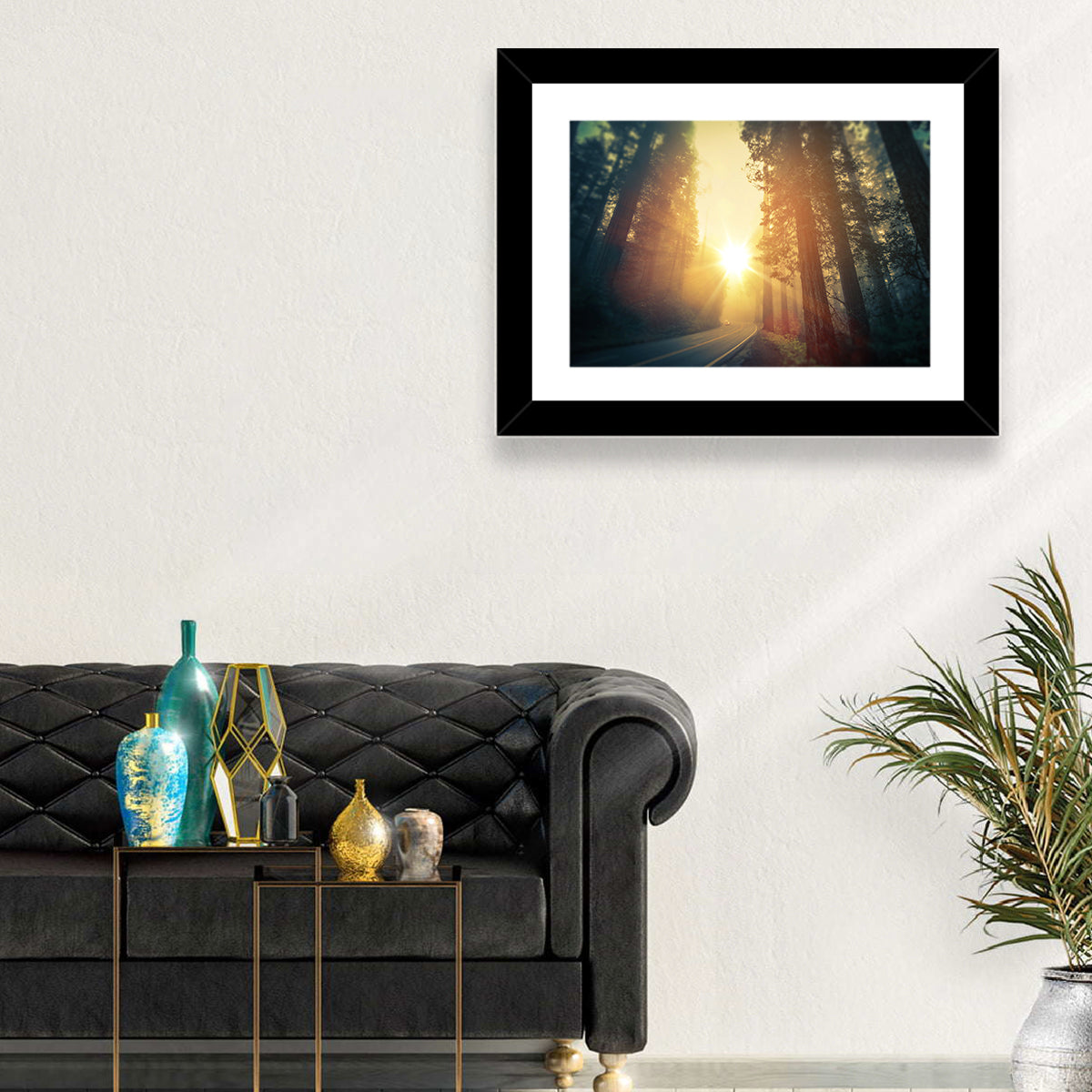 Misty Redwood Road with Golden Sunburst Wall Art in a room, landscape