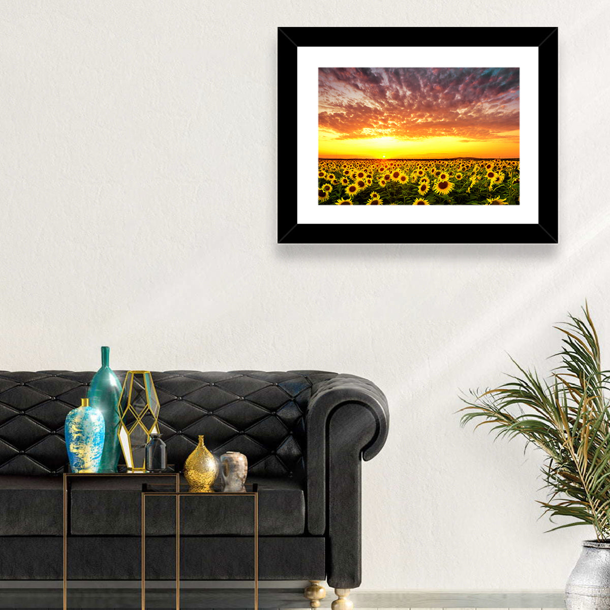 Golden Hour Sunflower Field Wall Art in a room, landscape