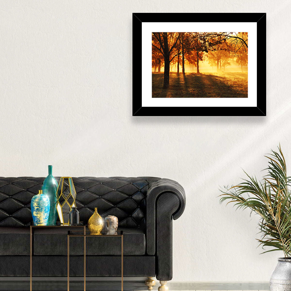 Autumn Sunbeams Through Fog Wall Art in a room, landscape