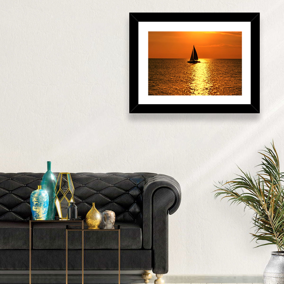Sailboat Silhouette at Golden Sunset Wall Art in a room, landscape