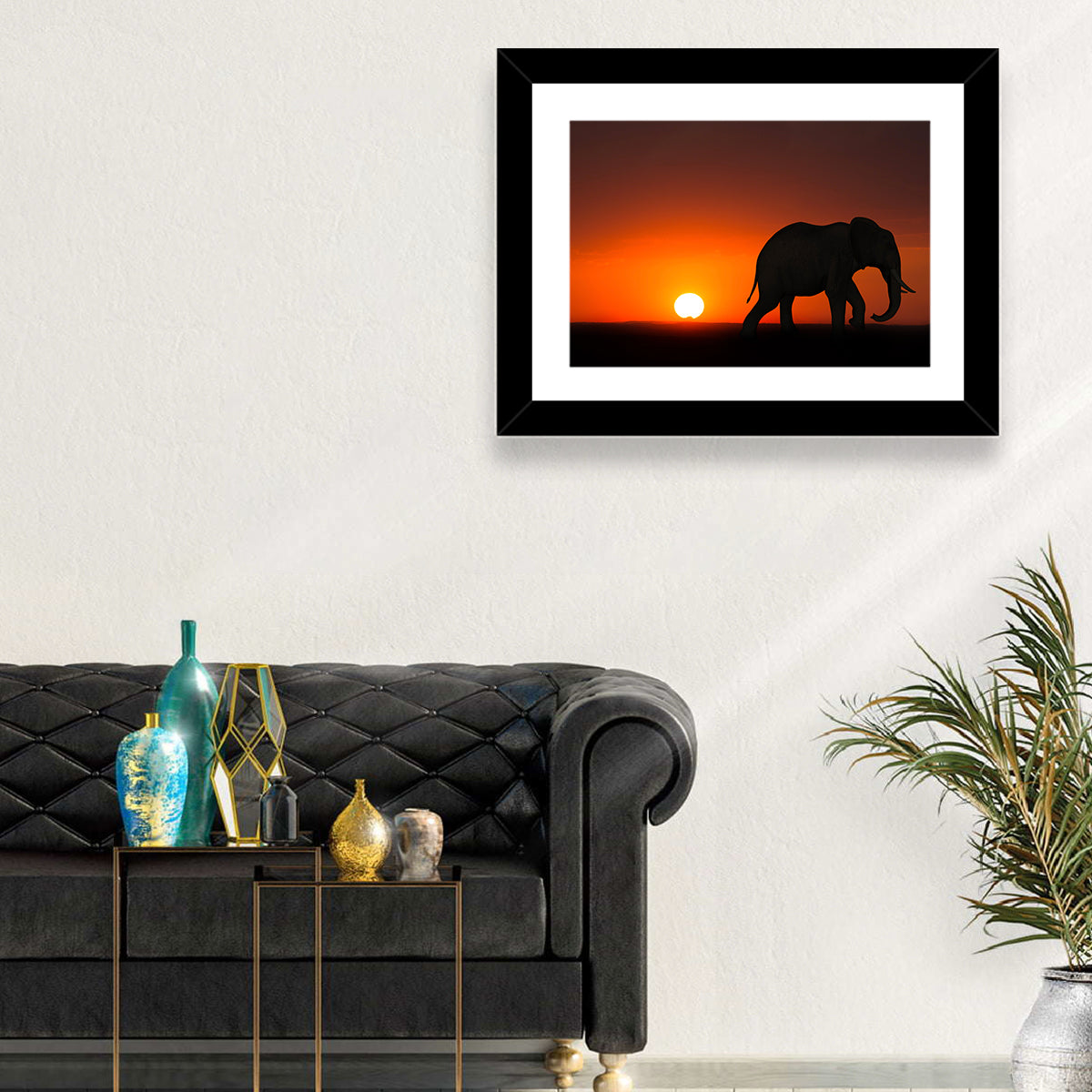 Sunset Elephant Silhouette Wall Art in a room, landscape