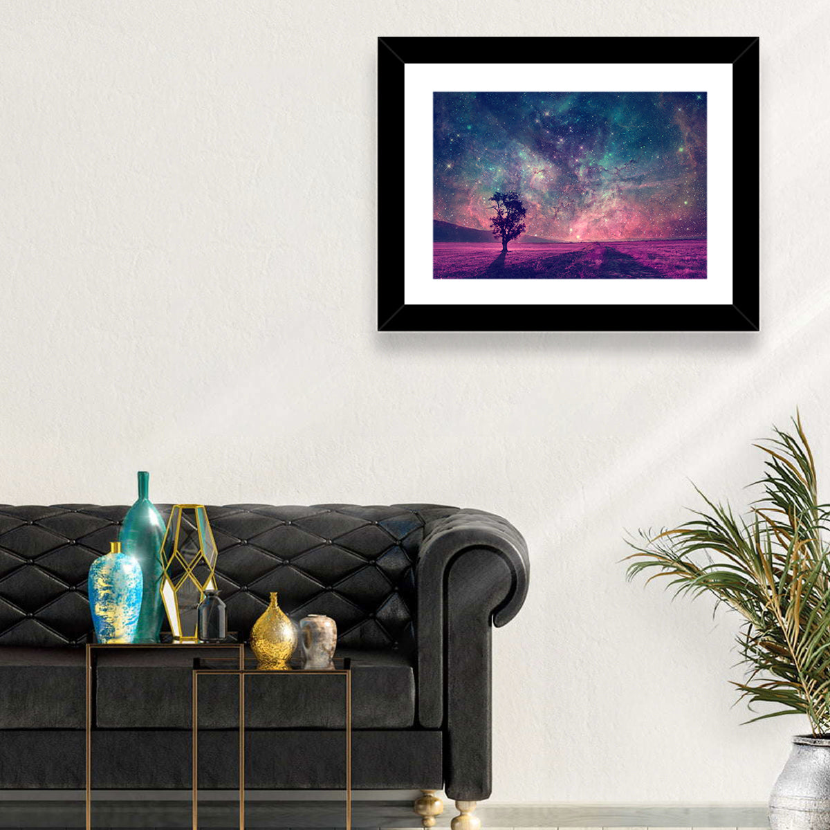 Lone Tree Under Nebula Sky Wall Art in a room, landscape