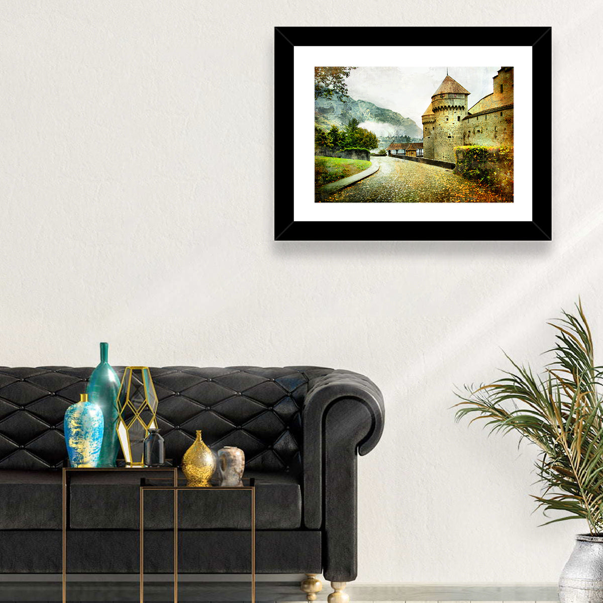 Autumn Approach to Chillon Castle Wall Art in a room, landscape