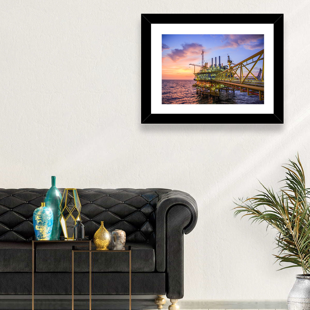 Golden Hour Offshore Oil Rig Wall Art in a room, landscape