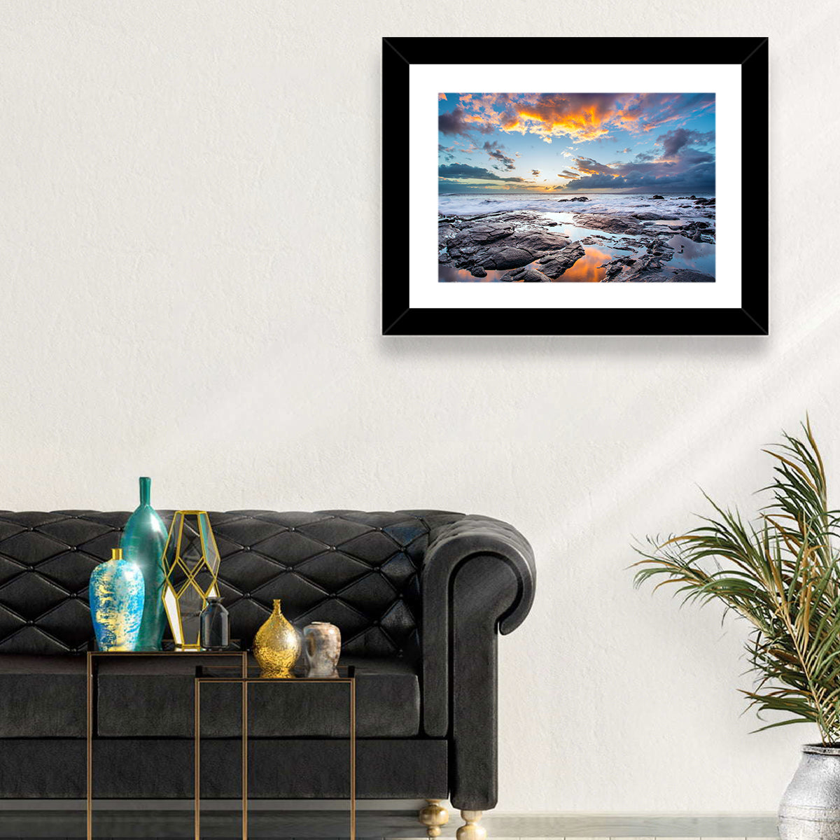 Sunset Over Volcanic Shore Wall Art in a room, landscape