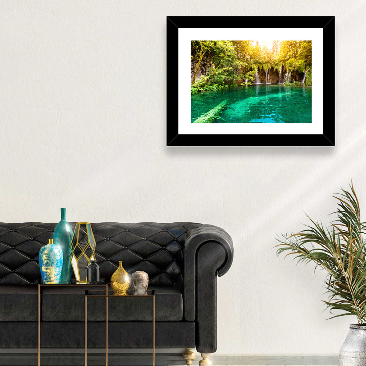 Plitvice Lake Waterfall Wall Art in a room, landscape