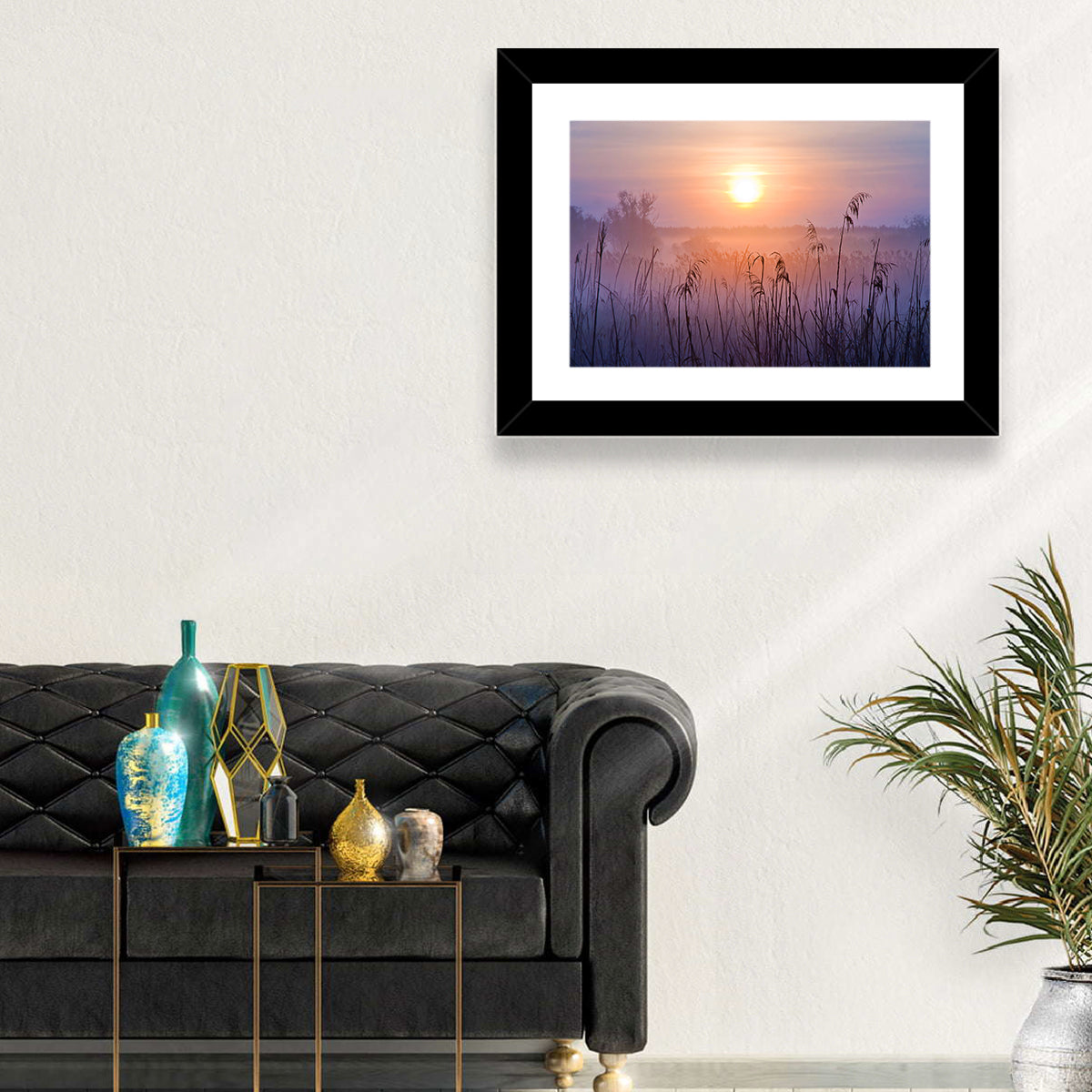 Lavender Sunrise Over Reeds Wall Art in a room, landscape