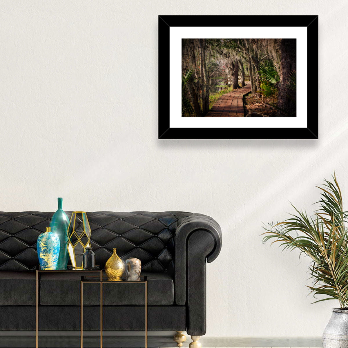 Louisiana Swamp Boardwalk Wall Art in a room, landscape